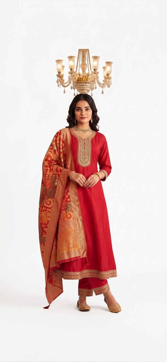 4XL ❤️ Red & Gold Embroidered Suit Set ✨
