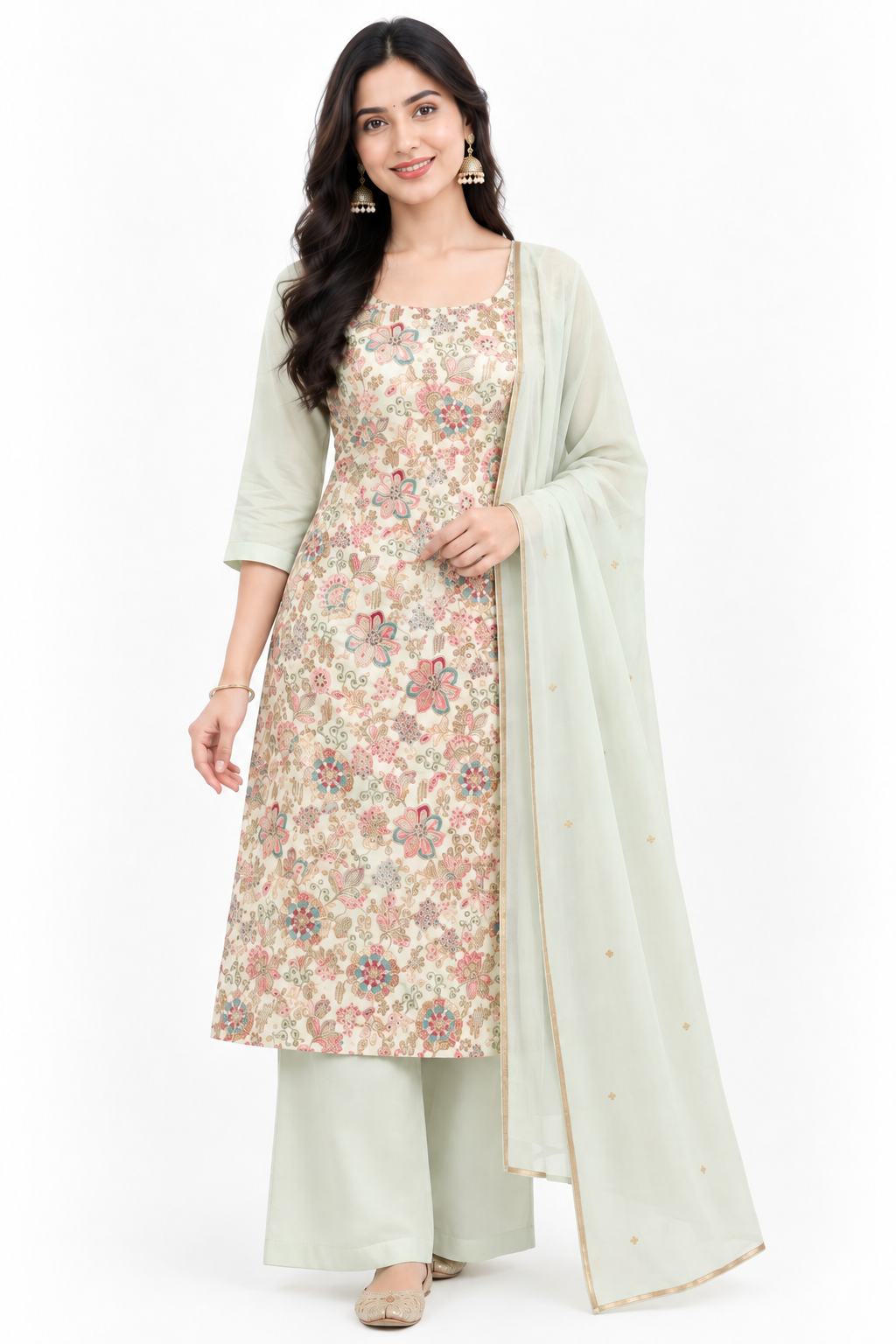 3XL- Pastel - Sage Green Floral Printed Palazzo Suit Set
