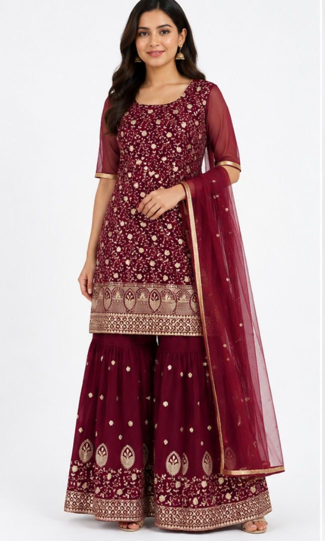 4XL/5XL 🌹Deep Wine Embroidered Sharara Set