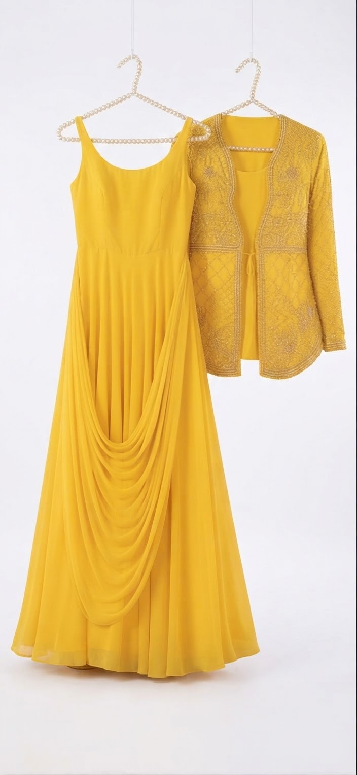 Indo-Western fusion; A-line gown with an attached drape (saree look) and an intricately embroidered open jacket