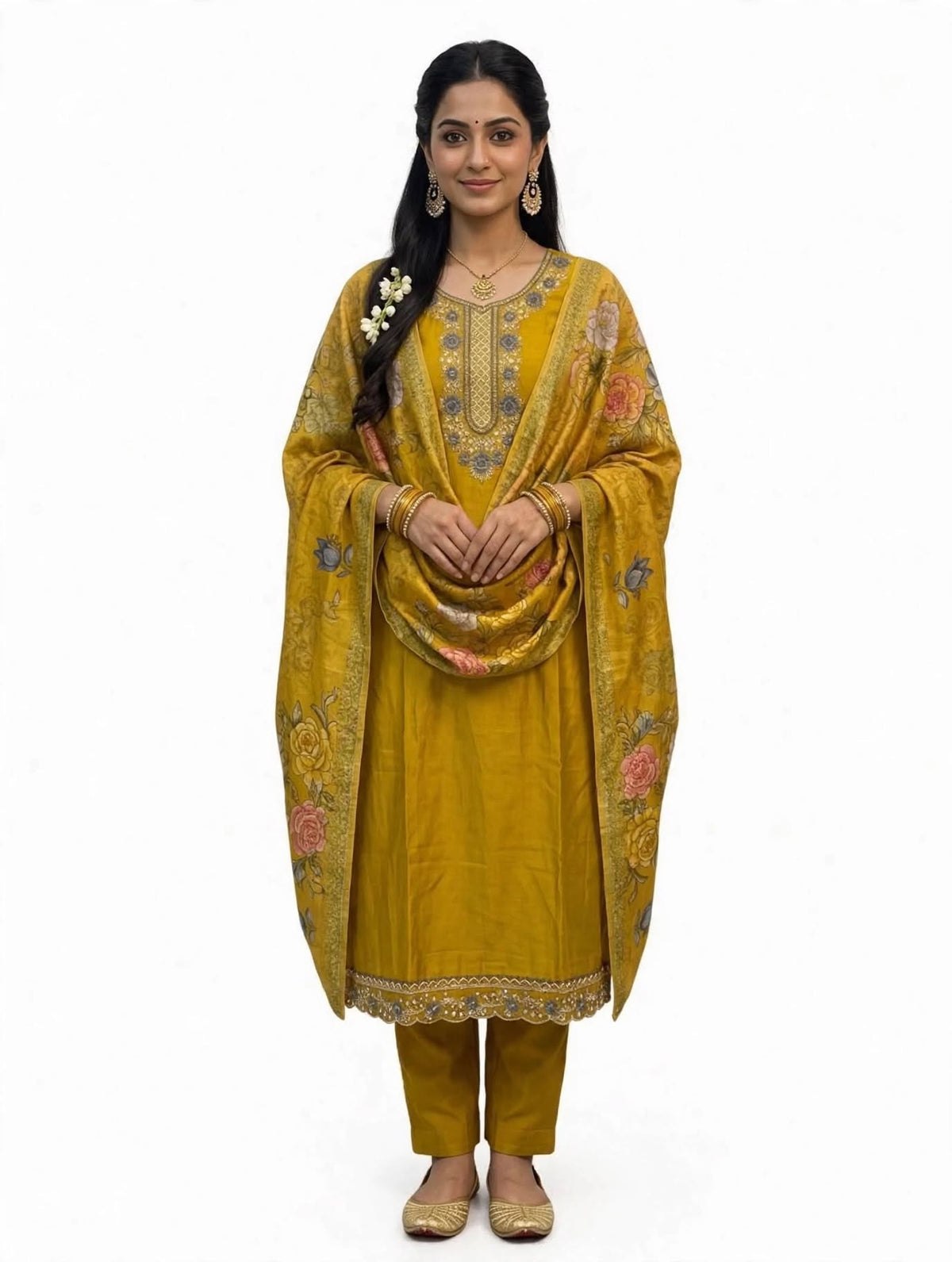 Women’s Mustard Yellow Printed Embroidered Punjabi Suit Set with Dupatta | Traditional Ethnic Salwar Suit for Festive Wear -3xL