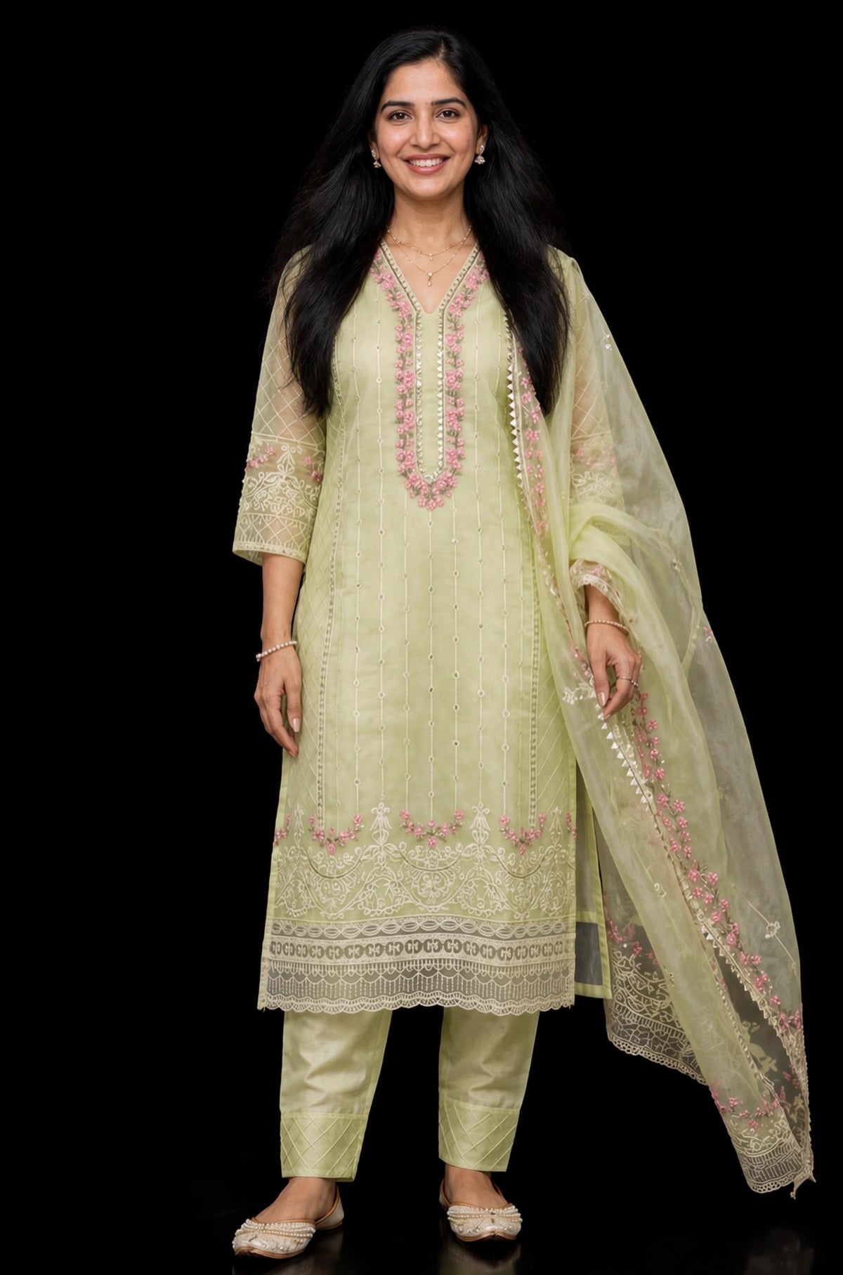 Pista Green Elegance – Embroidered Organza Salwar Suit Set