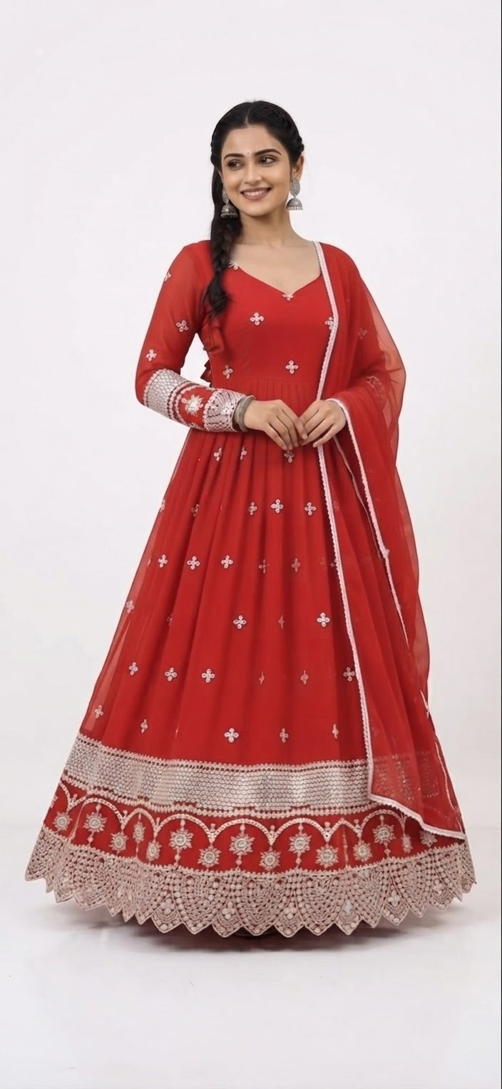 Red Premium fabric Gown and dupatta with intricate handcrafted embroidery.