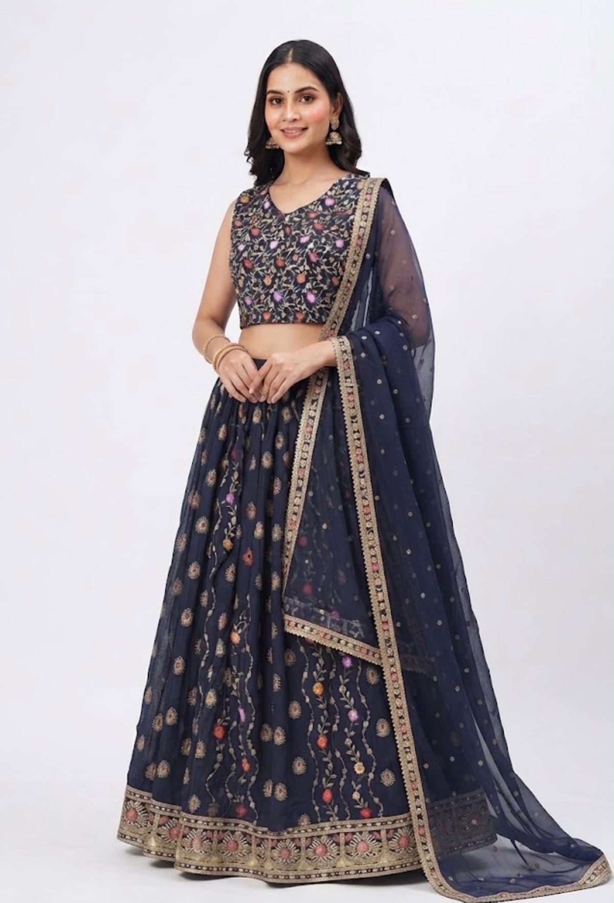 SIZE-L 🌸 Navy Blue Floral Embroidered Lehenga Set ✨