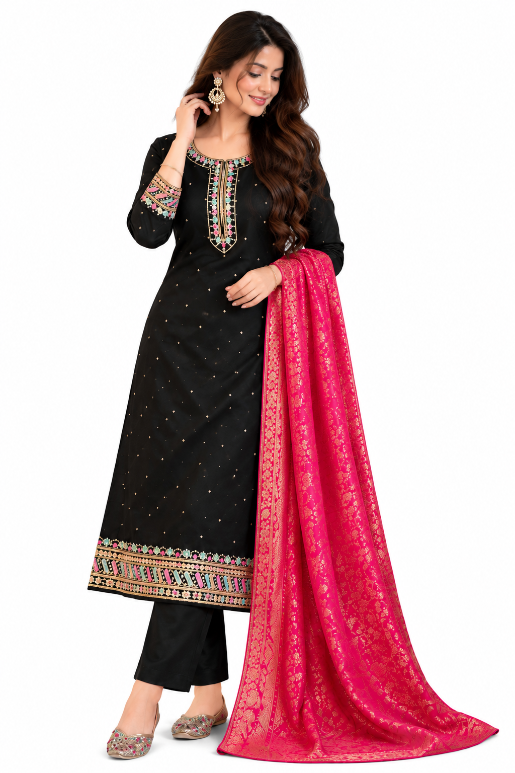 Black & Pink Embroidered partywear Suit Set - M