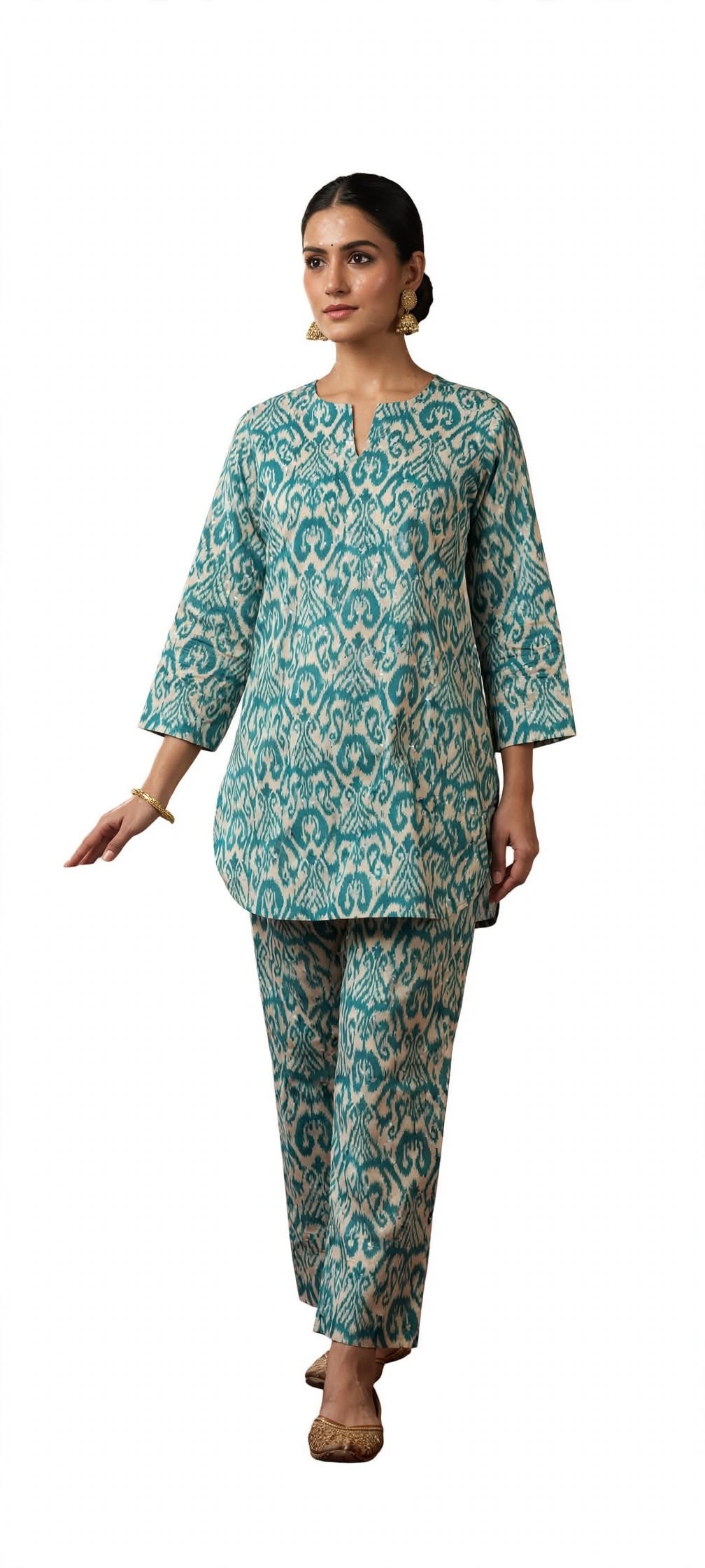 Women’s Teal Blue Printed Kurta Pant Set | Stylish Ethnic Co-Ord Set for Casual, Festive & Everyday Wear