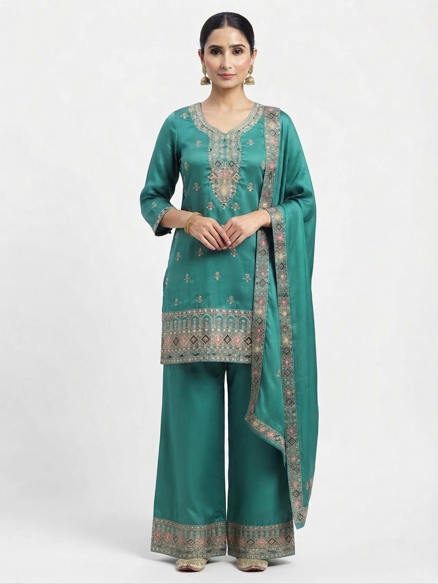 3XL - Teal Green Chinon Embroidered Salwar Kameez with Palazzo & Dupatta - Festive Party Wear