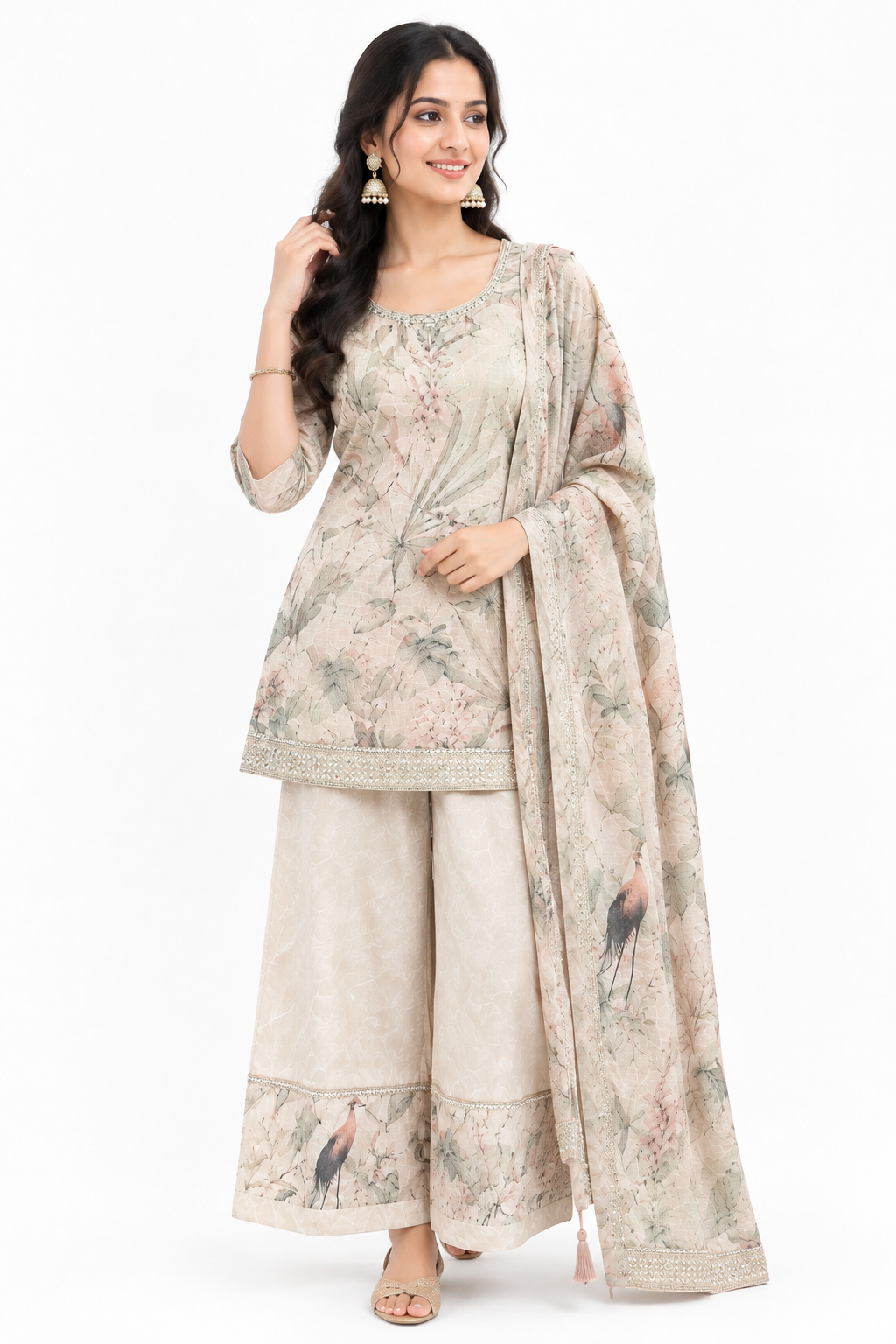 3XL - Beige Crane Floral Palazzo Set
