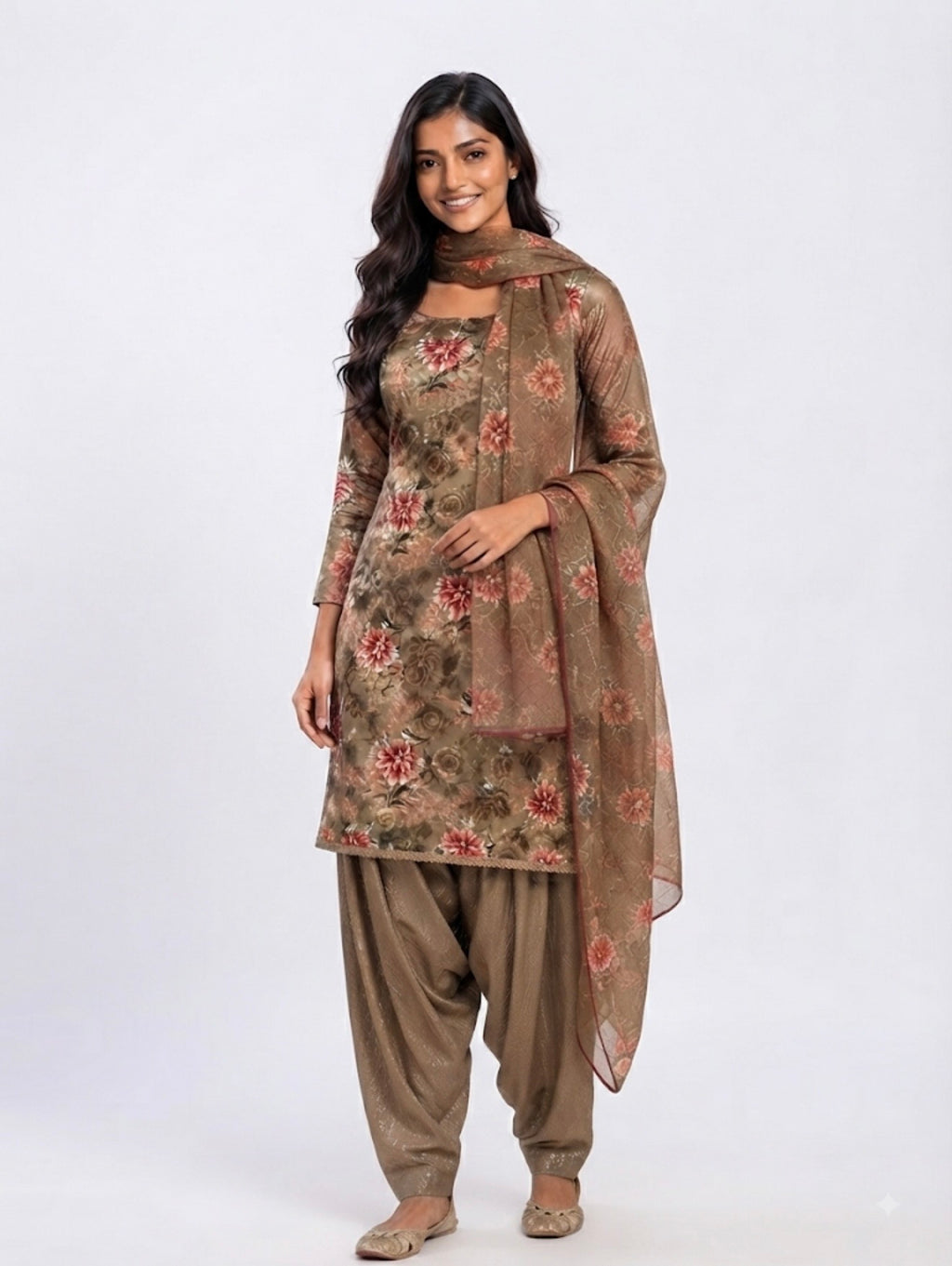 Rich brown salwar suit and warm earthy tones adorned with vibrant floral prints.