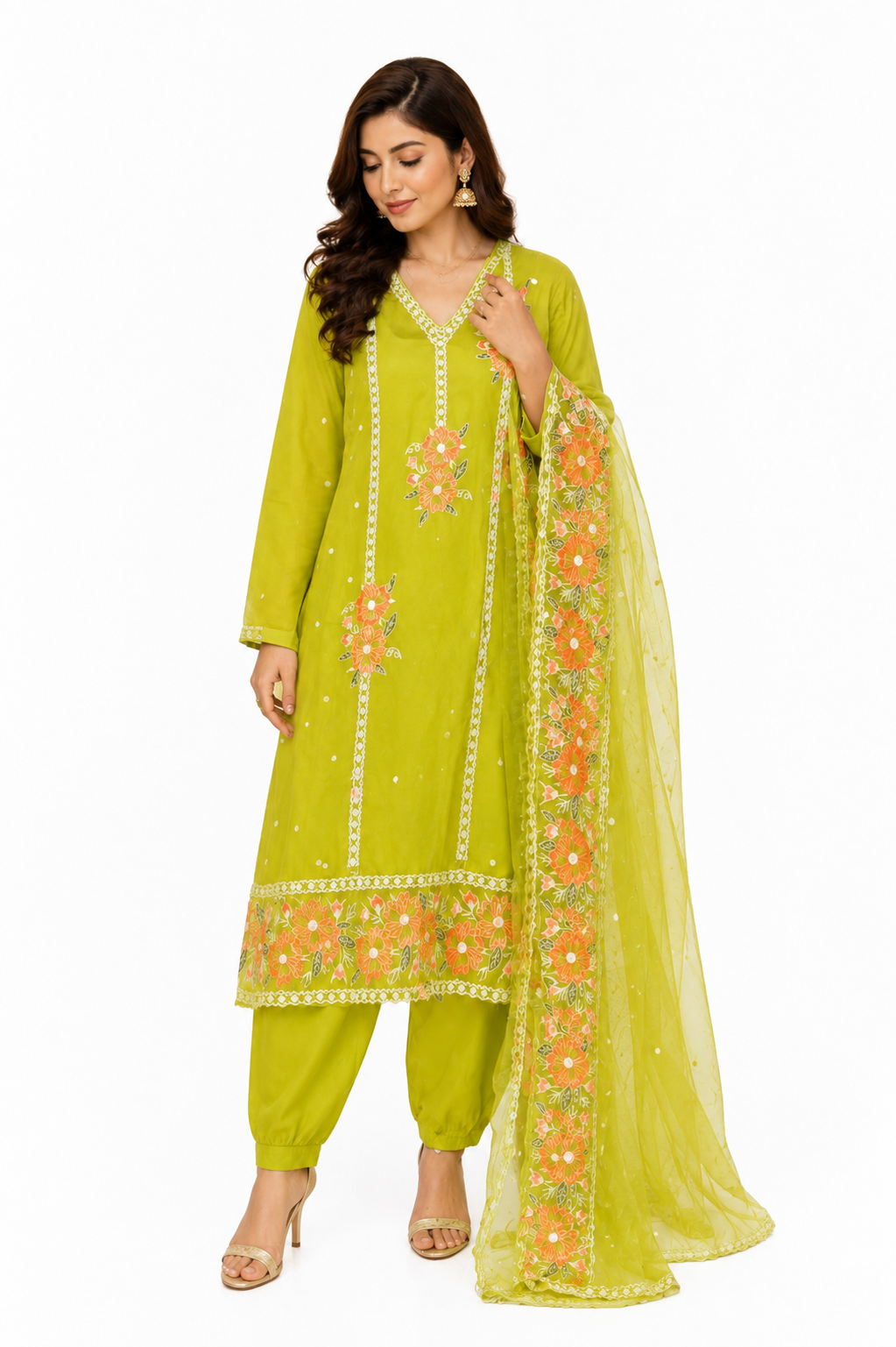 Lime Green Embroidered women Salwar Suit Set with Floral Dupatta
