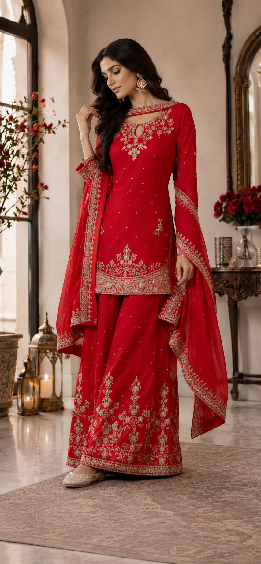 Royal red Plazo suit for parties and pre weddings and weddings