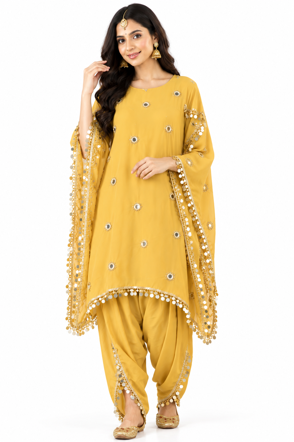 Mustard Yellow Mirror Work Dhoti Salwar Co-ord Set - L