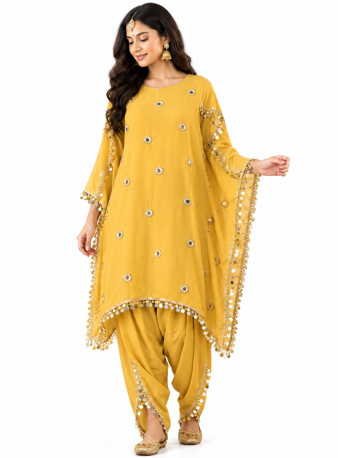 Mustard Yellow Mirror Work Dhoti Salwar Co-ord Set - L