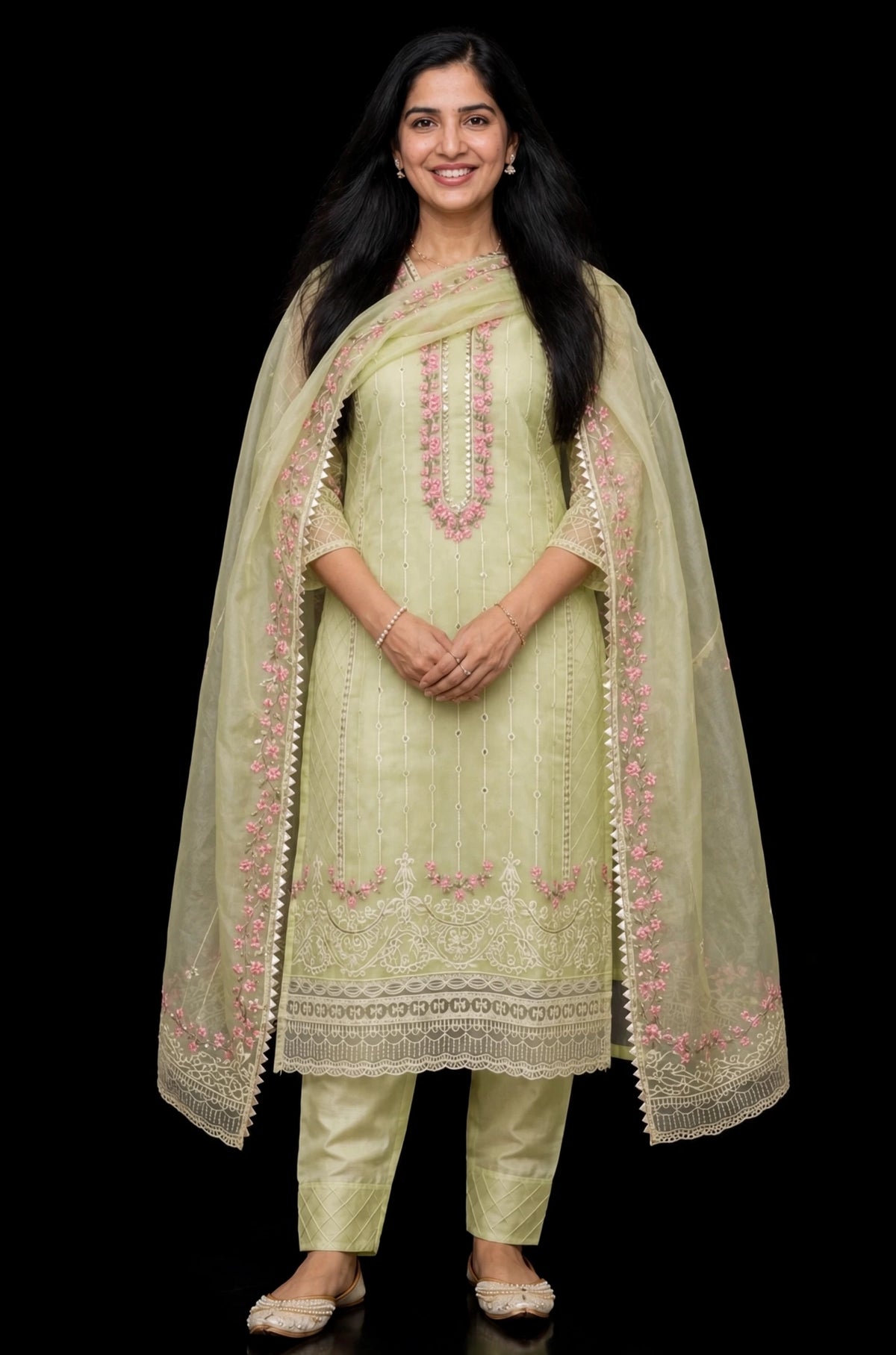Pista Green Elegance – Embroidered Organza Salwar Suit Set