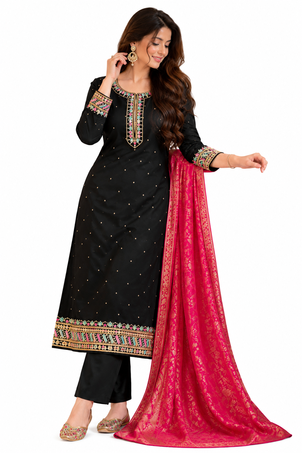 Black & Pink Embroidered partywear Suit Set - M