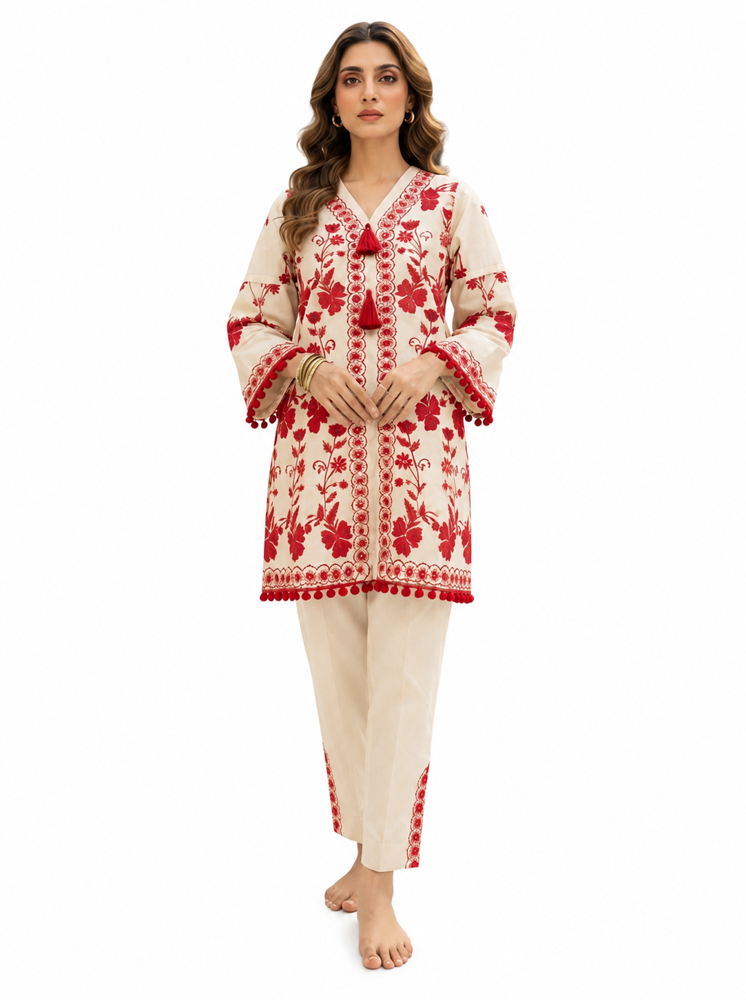 L to XXL size Crimson Blossom Ivory & Red Embroidered Set