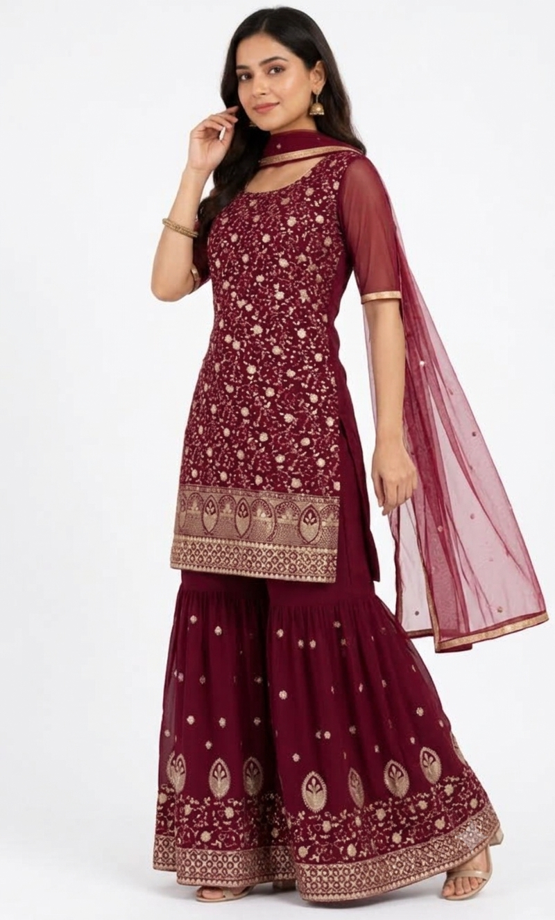 4XL/5XL 🌹Deep Wine Embroidered Sharara Set