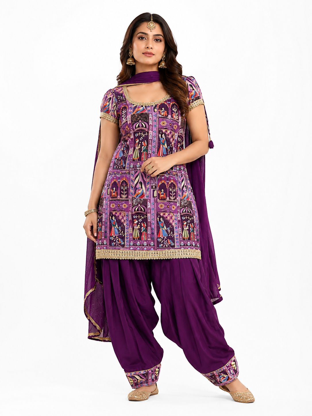 3xl - Royal Purple Printed Punjabi Farshi Salwar Suit Set with Back Tassels & Dupatta