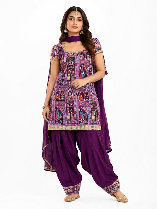 3xl - Royal Purple Printed Punjabi Farshi Salwar Suit Set with Back Tassels & Dupatta