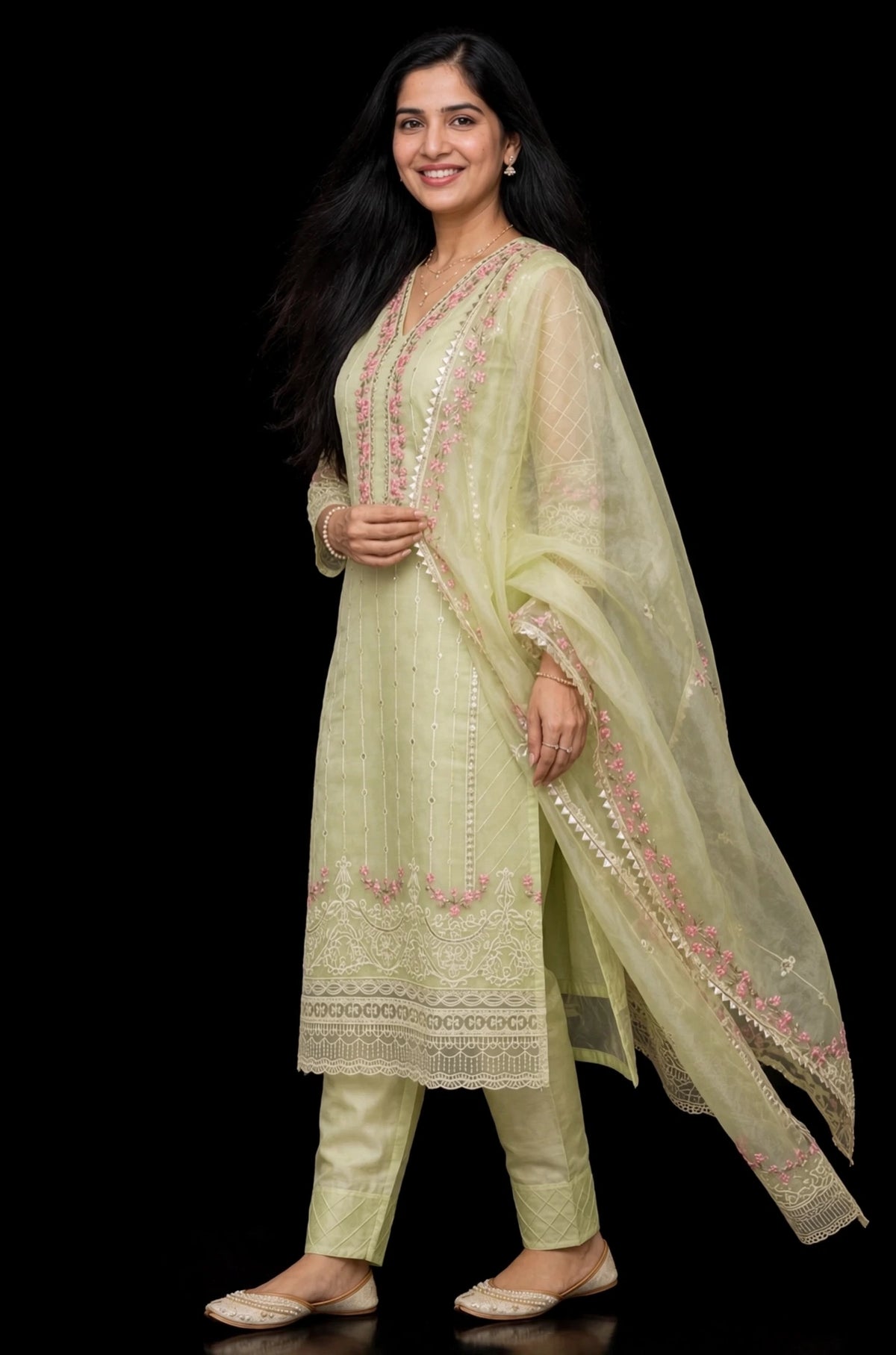 Pista Green Elegance – Embroidered Organza Salwar Suit Set
