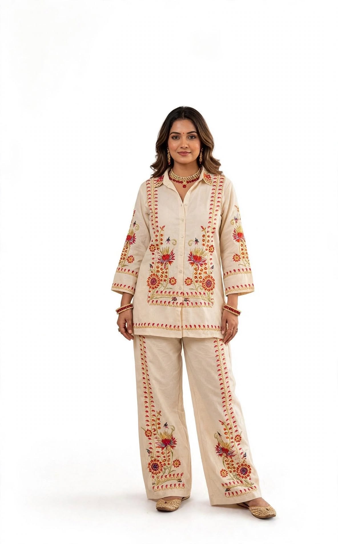 Women’s Cream Floral Embroidered Shirt Style Kurta & Wide-Leg Pant Set | Elegant Ethnic Co-Ord Set for Festive & Casual Wear - L to XXl