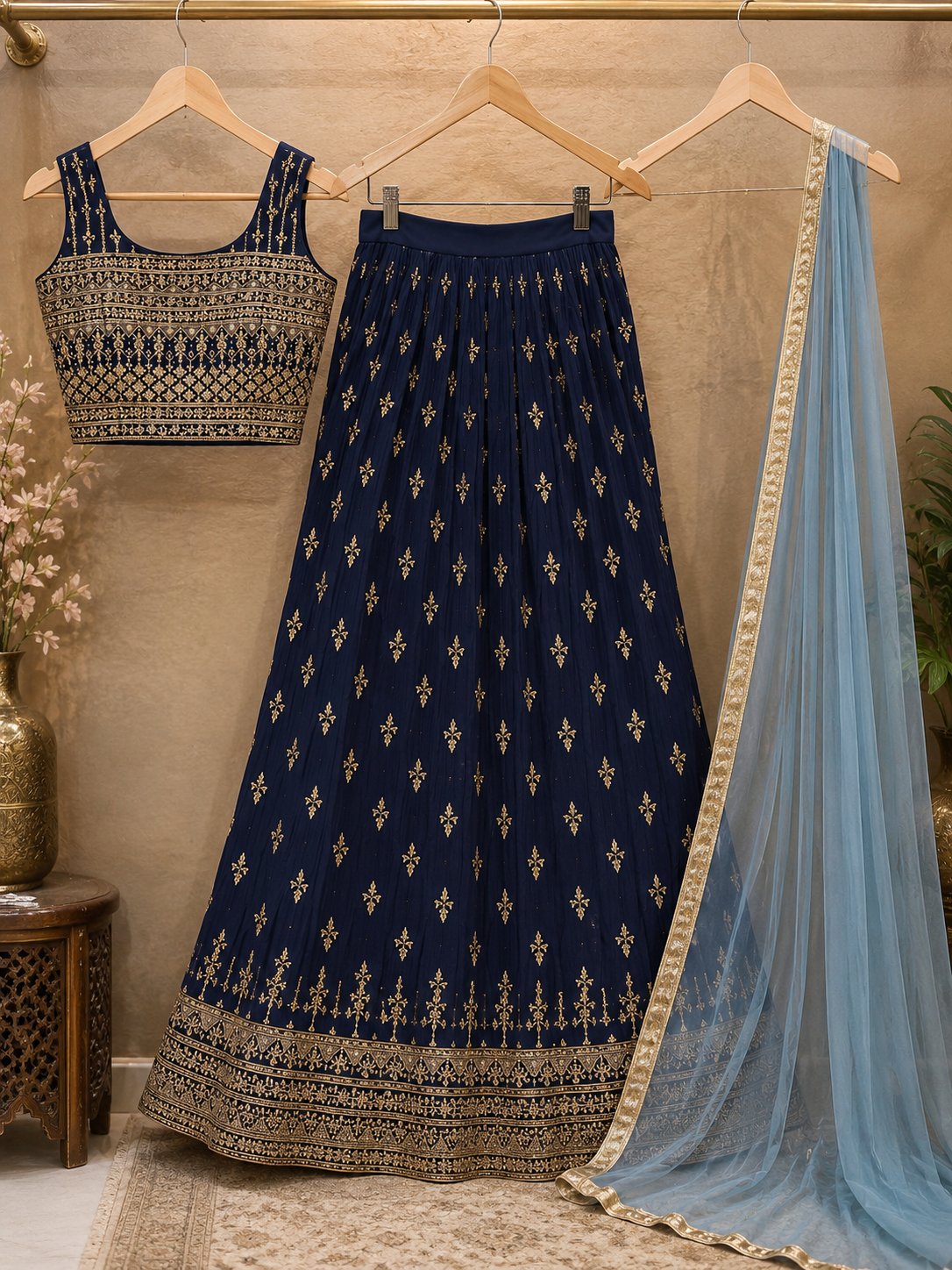 L size Royal Blue & Gold Embroidered Lehengas Set