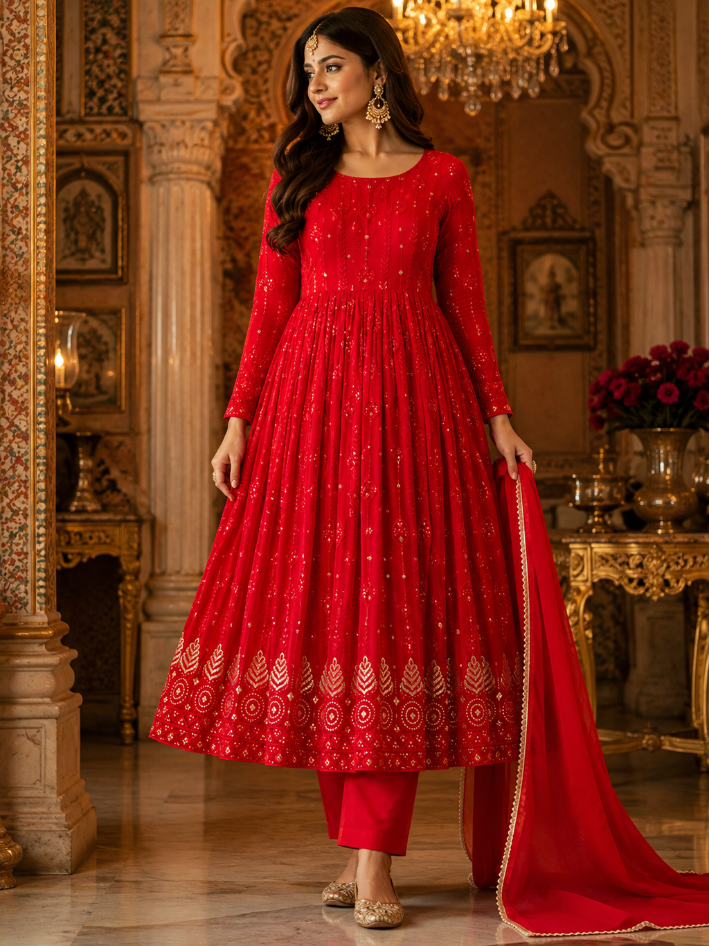 Ruby Red Gold-Embroidered Anarkali Suit Set - M size