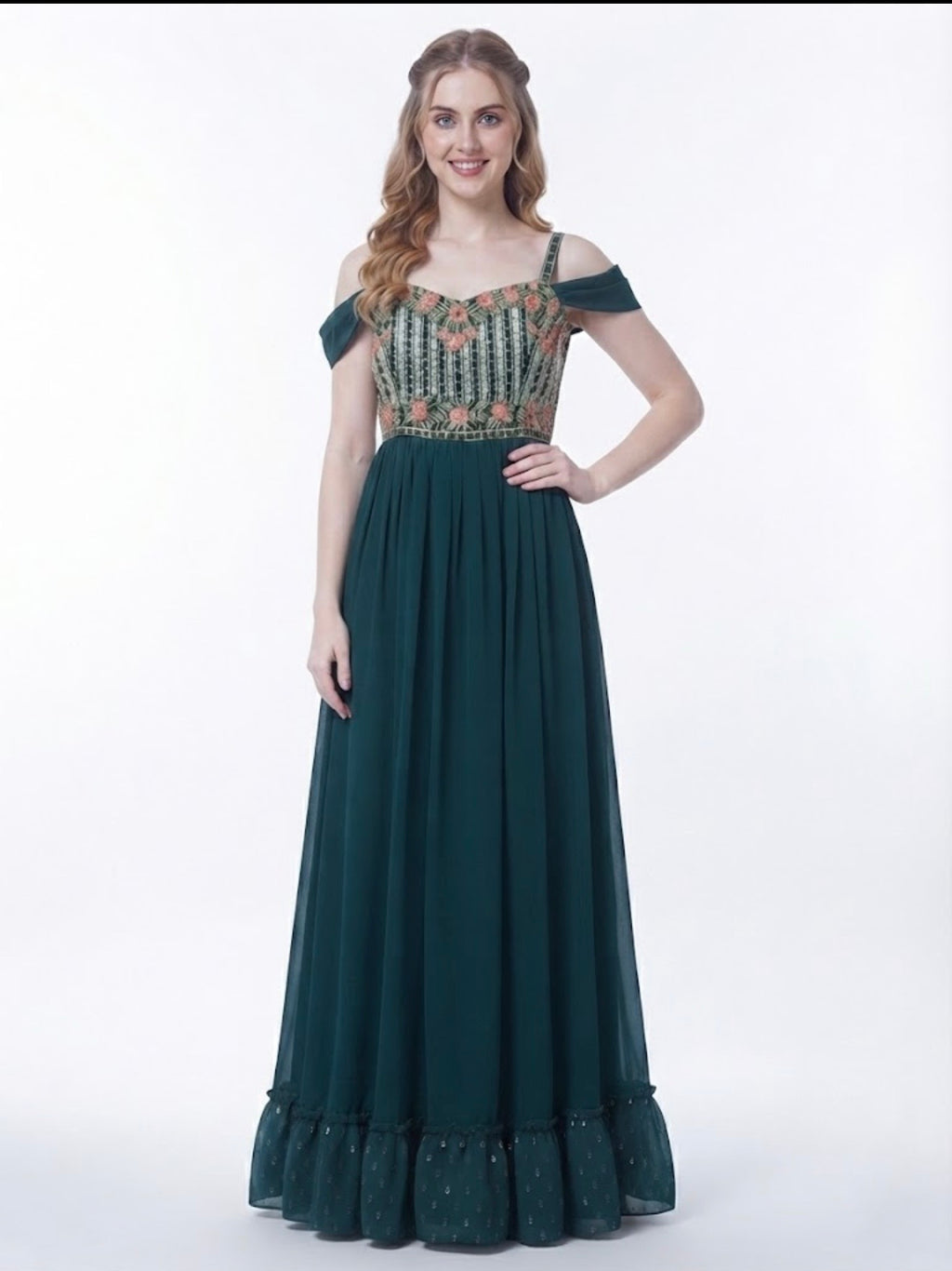 Teal green gown with royal look partywear