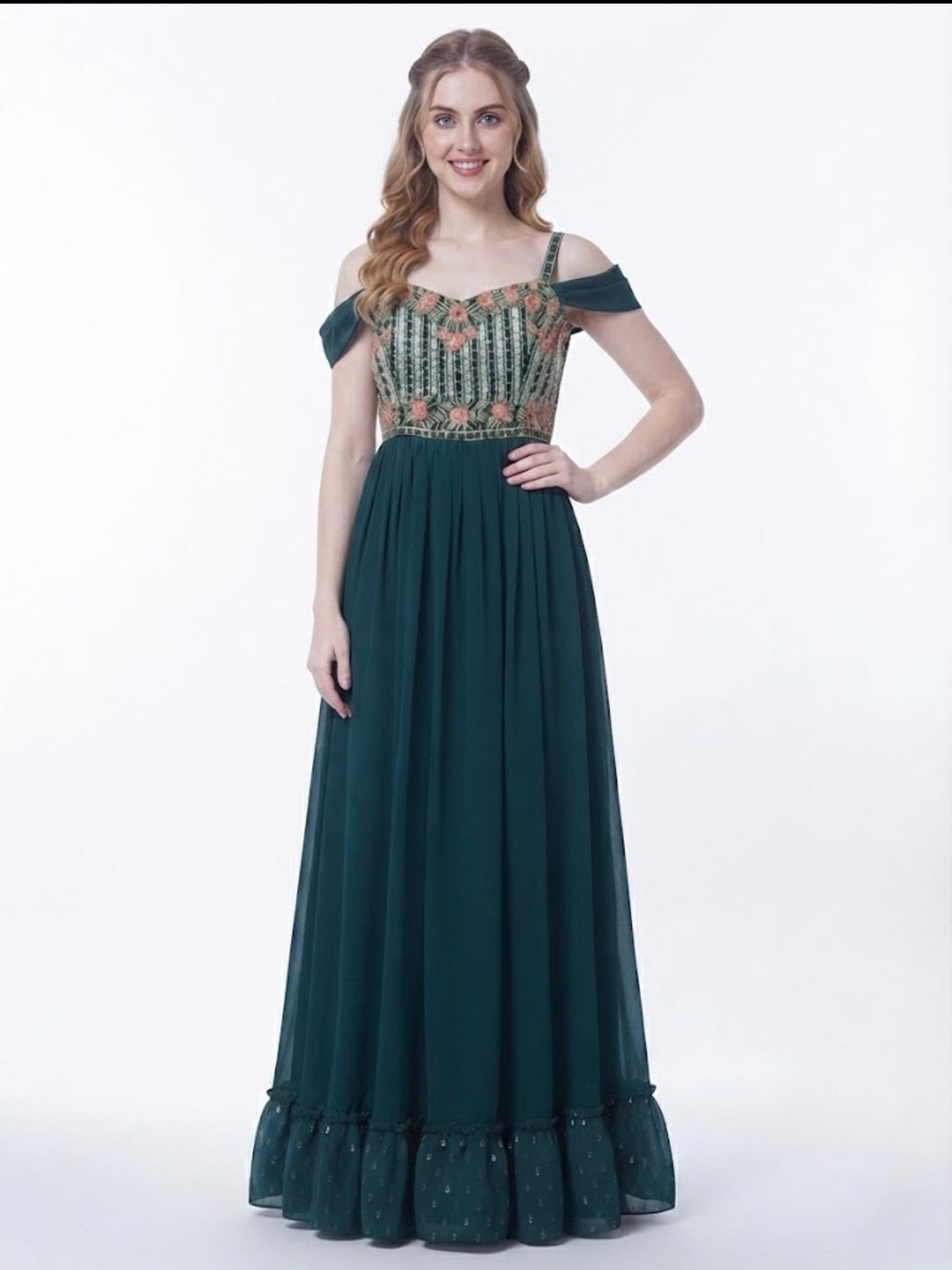 Teal green gown with royal look partywear