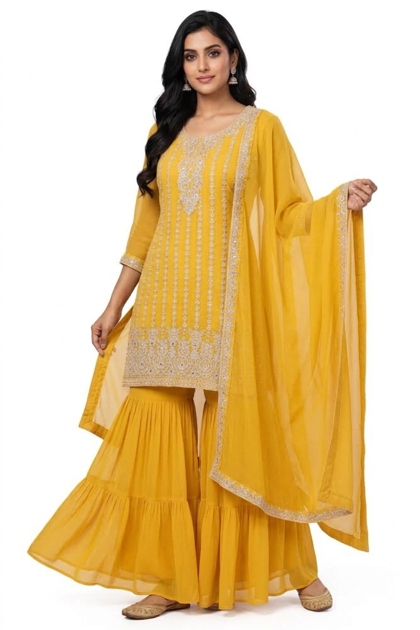 4XL 💛 Mustard Yellow Embroidered Sharara Suit Set