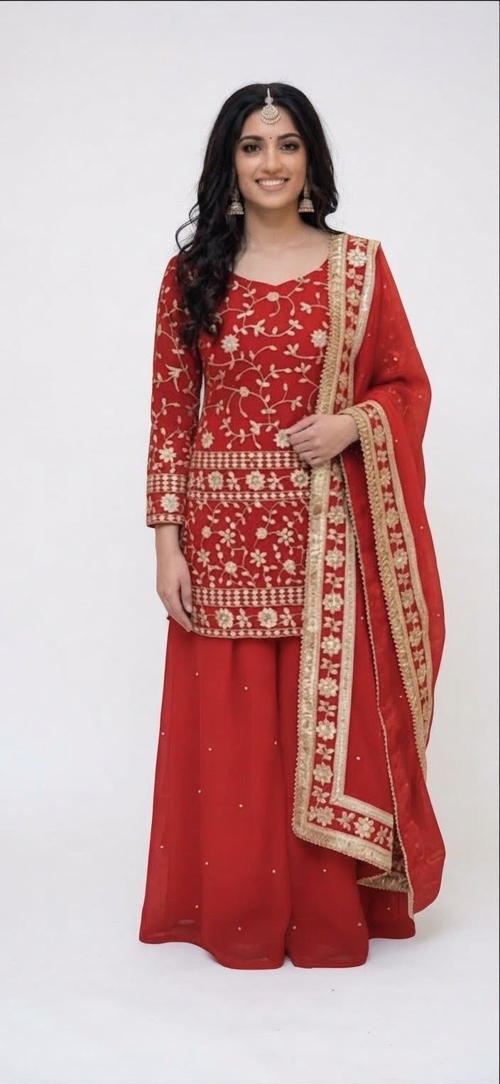 SIZE-M ❤️ Red Floral Embroidered Sharara Suit ✨