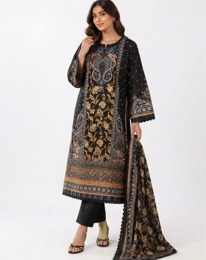 Sophisticated Black Printed Suit Set with black lace and Pakistani looks