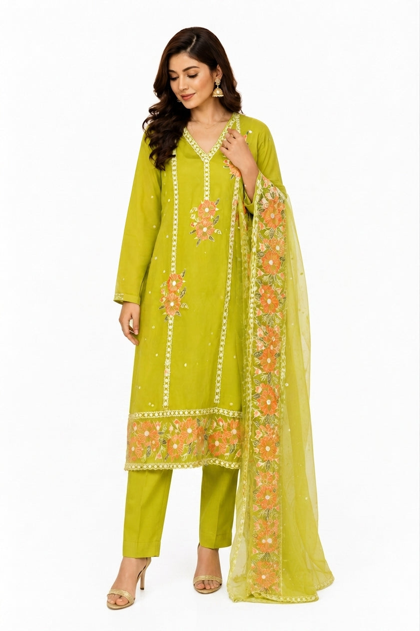 Lime Green Embroidered women Salwar Suit Set with Floral Dupatta
