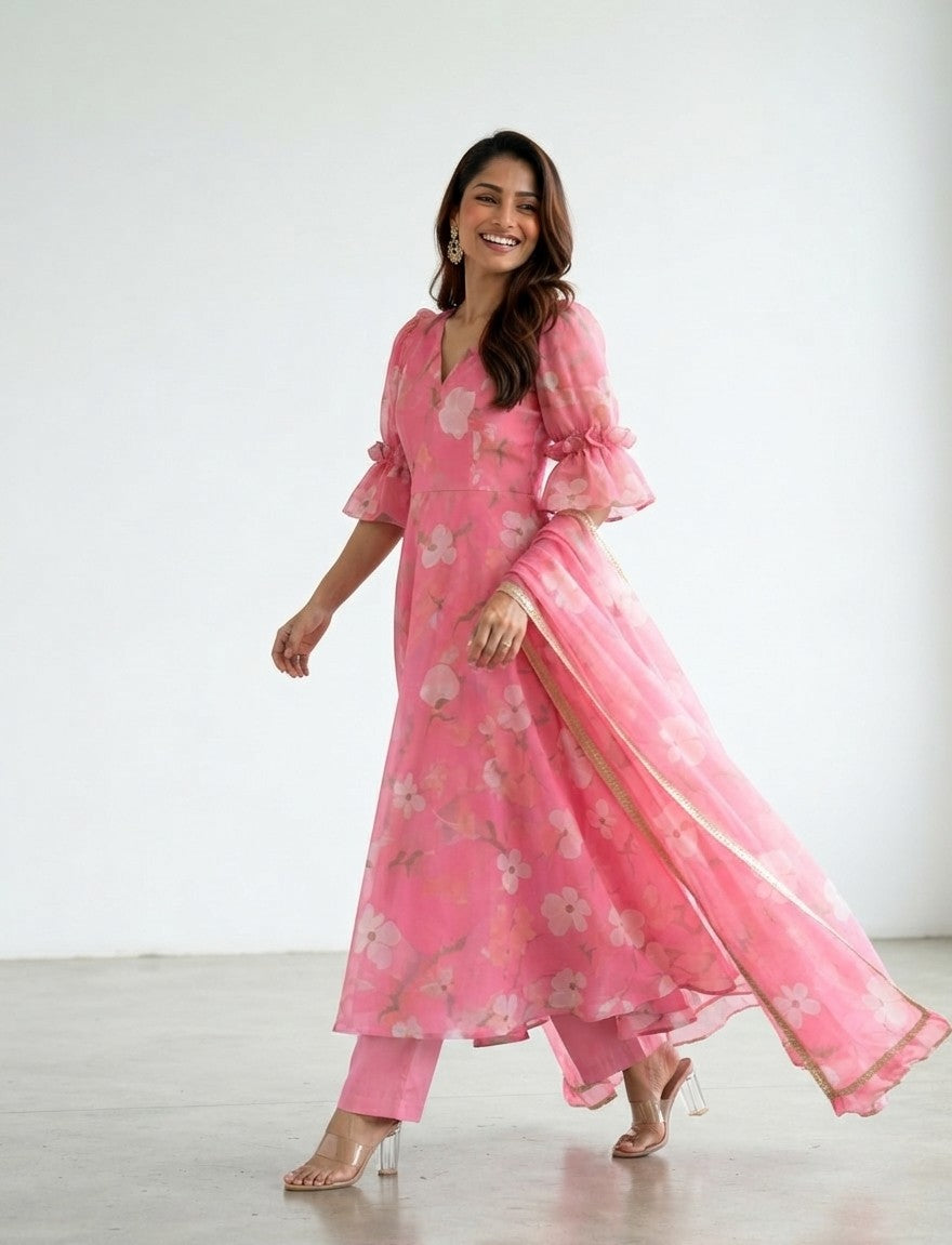 Vibrant Pink Floral Print Anarkali Kurta with Matching Pants and Dupatta Set (Festive / Partywear Ethnic Set)