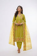 Lime Green Embroidered women Salwar Suit Set with Floral Dupatta