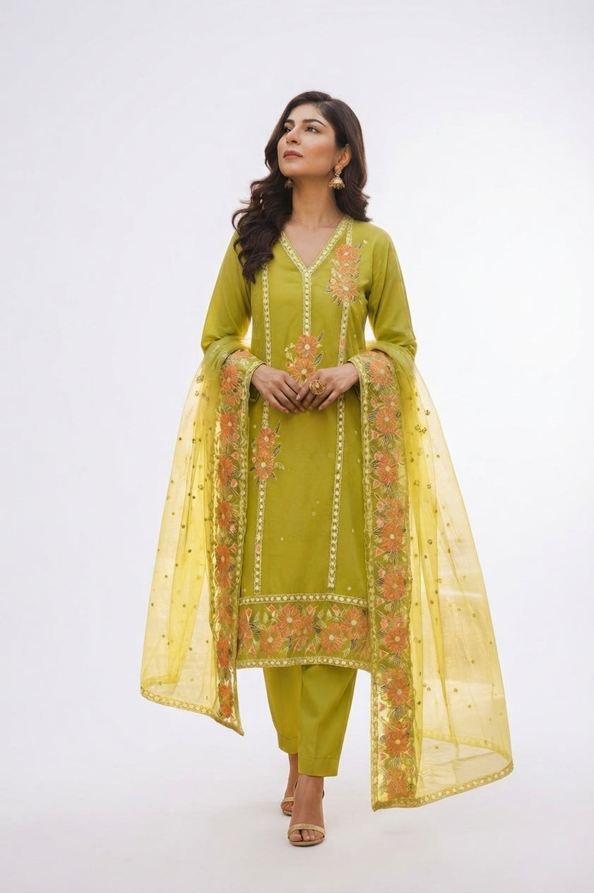Lime Green Embroidered women Salwar Suit Set with Floral Dupatta