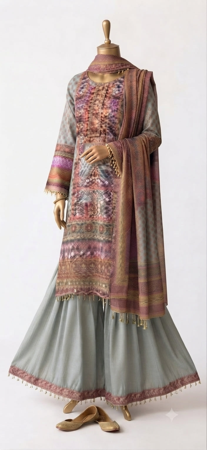 Printed suit with Matching Sharara/Palazzo and Dupatta Set (Festive / Casual Ethnic Wear)