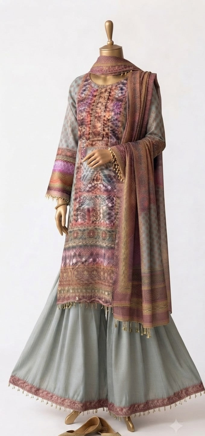 Printed suit with Matching Sharara/Palazzo and Dupatta Set (Festive / Casual Ethnic Wear)