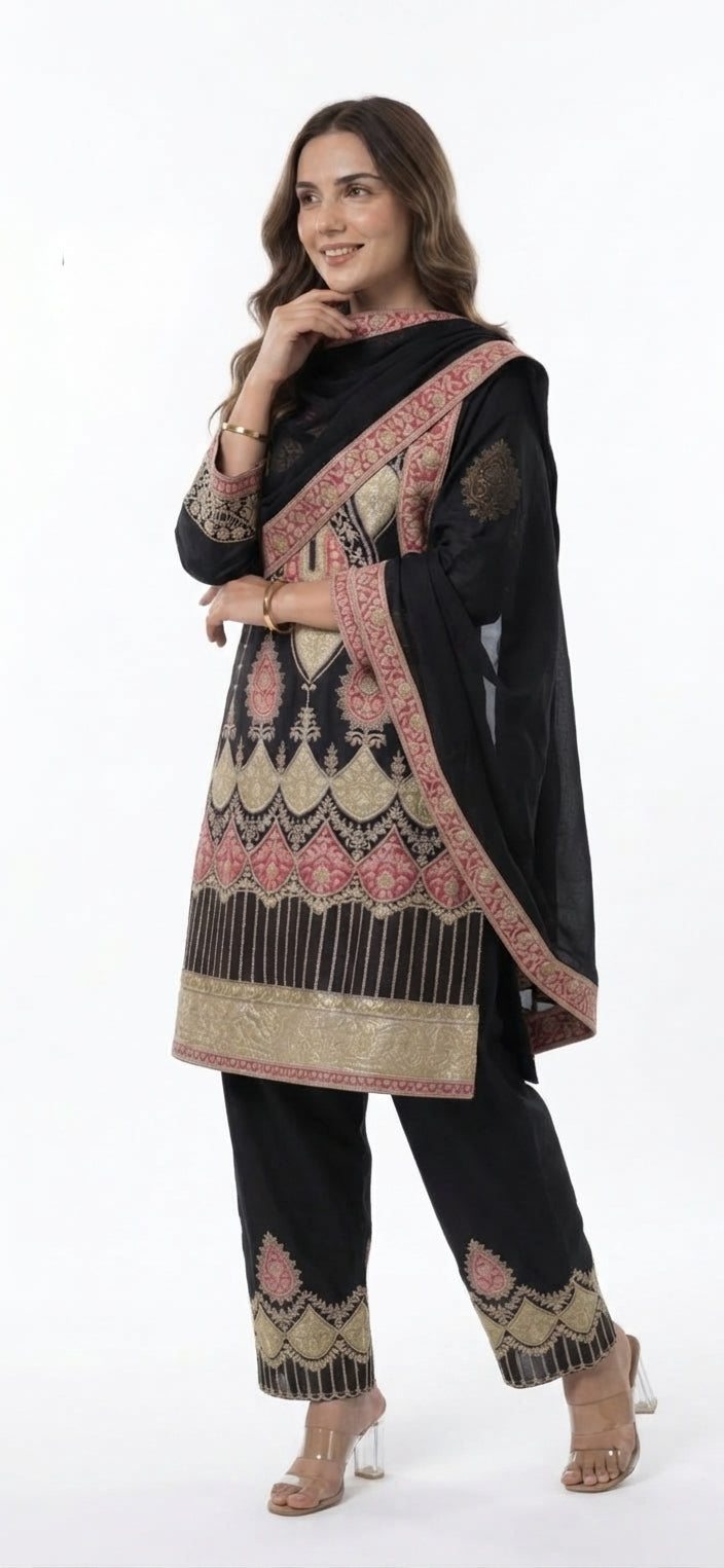 Black Chanderi-Silk Straight Kurta with Matching Pants and Embroidered Dupatta (Festive / Semi-Formal Ethnic Wear)