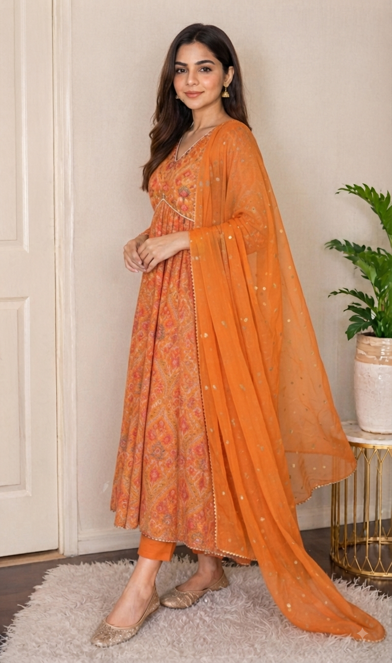 Vibrant Orange Festive Printed Anarkali Suit Set