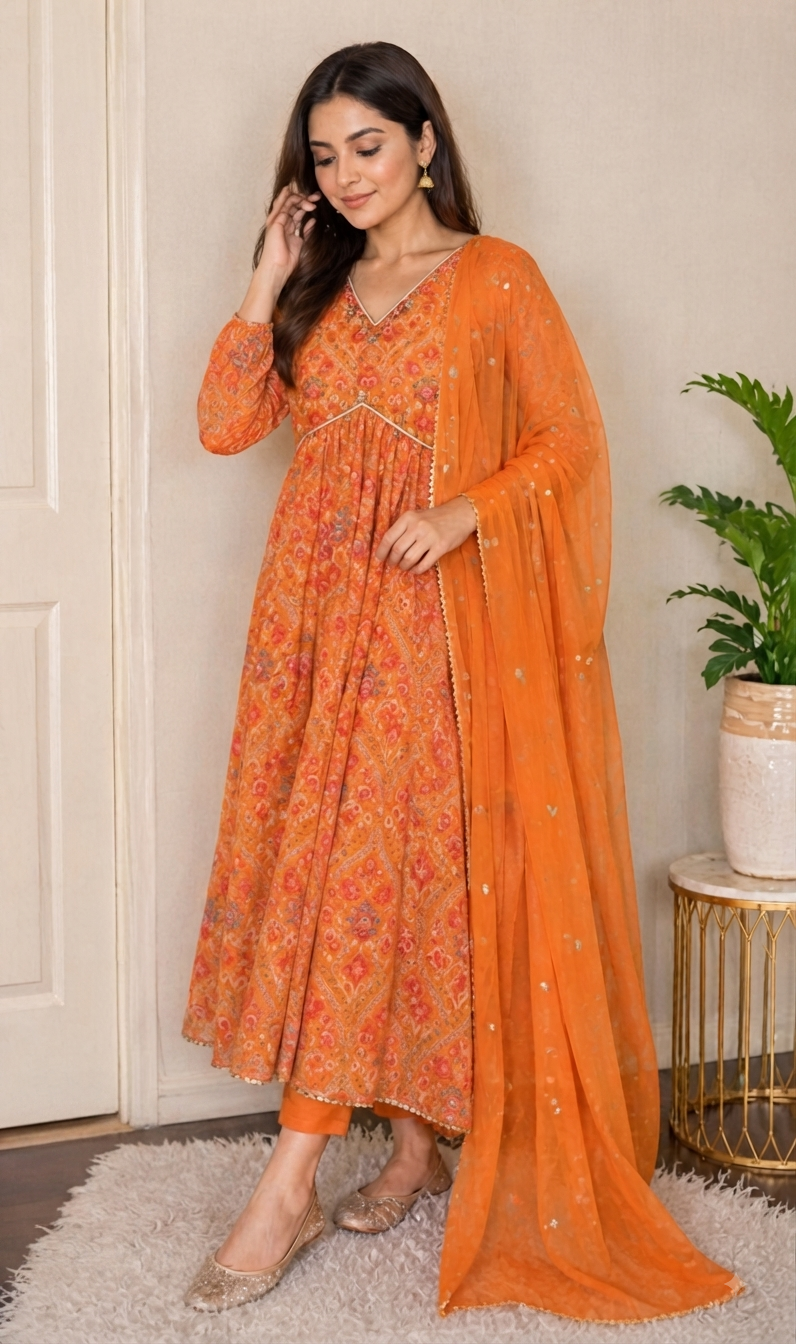 Vibrant Orange Festive Printed Anarkali Suit Set