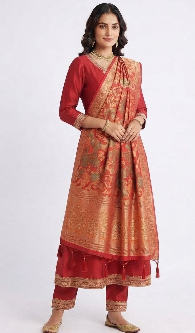 Crimson Red Zari Embroidered Kurta with Matching Pants and Banarasi-Style Woven Dupatta Set (Festive / Traditional Wear)