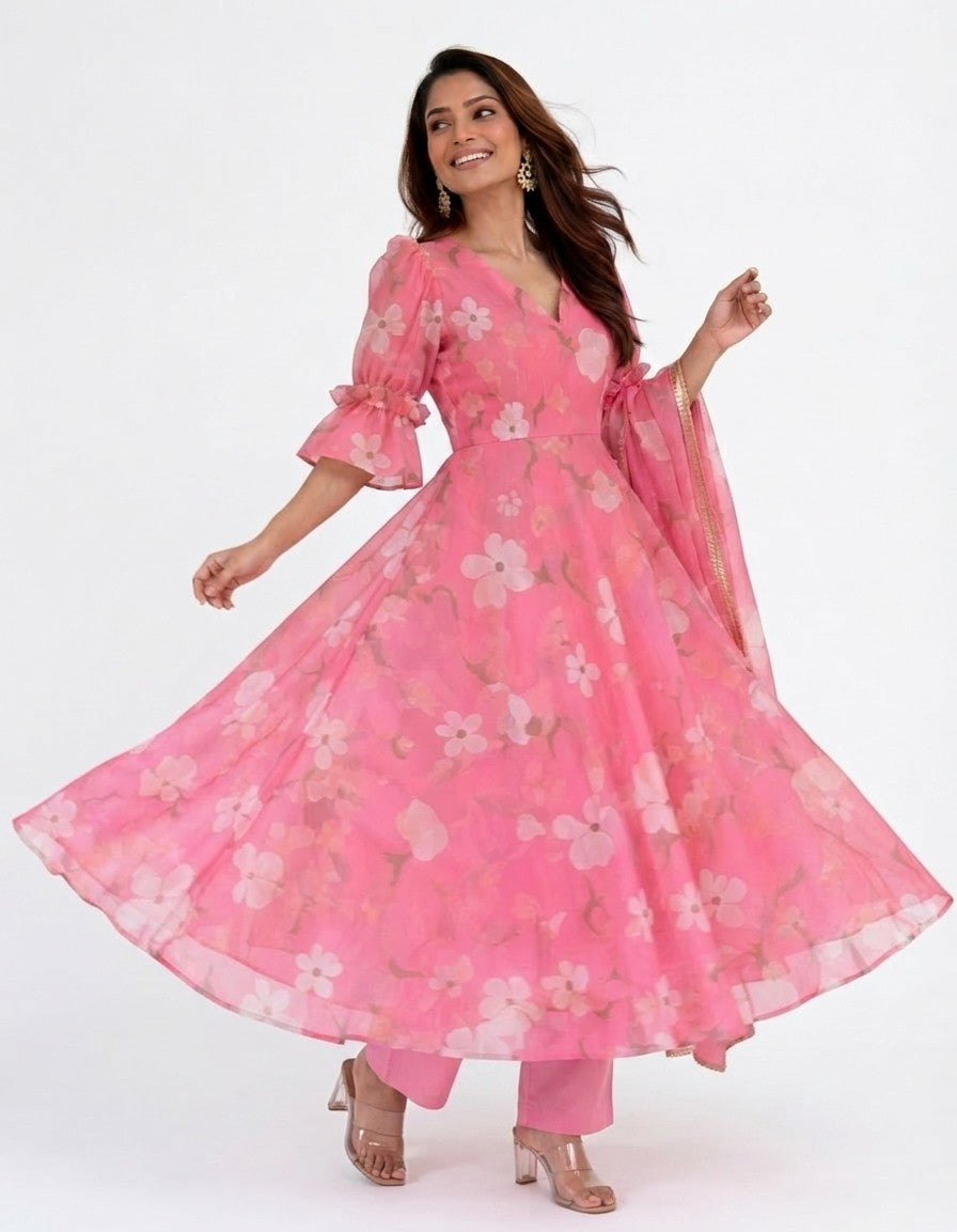 Vibrant Pink Floral Print Anarkali Kurta with Matching Pants and Dupatta Set (Festive / Partywear Ethnic Set)