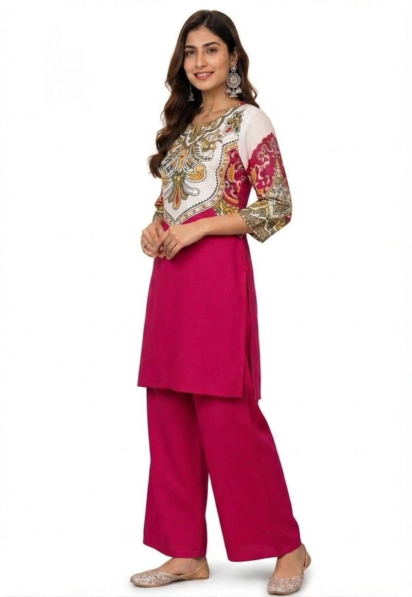 Magenta Pink Printed Yoke Kurta with Matching Wide-Leg Palazzo Set (Casual / Semi-Formal Ethnic Wear)