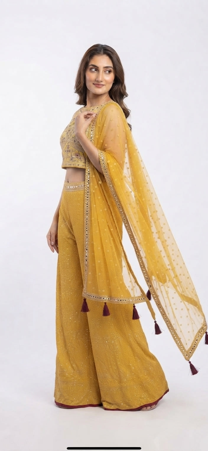 Mustard Yellow Embroidered Crop Top with Palazzos and Matching Dupatta Set (Festive/Ethnic Fusion)