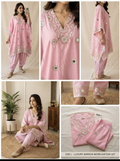Luxury Mirror-Work Pink Kaftan Set with Straight Pants (Size L)