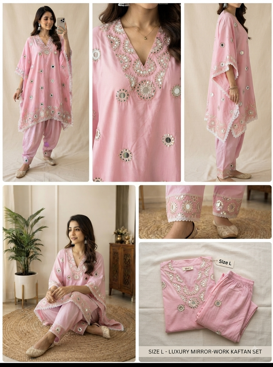 Luxury Mirror-Work Pink Kaftan Set with Straight Pants (Size L)