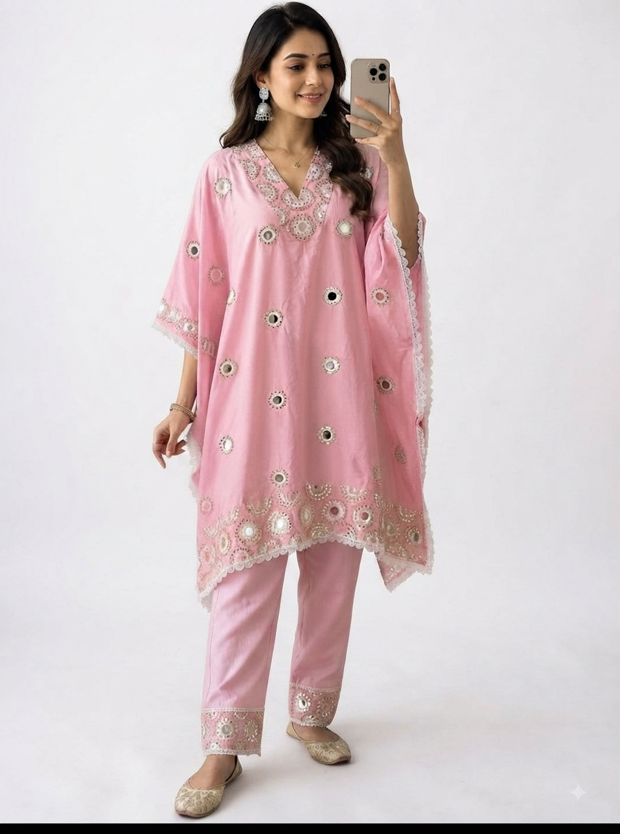 Luxury Mirror-Work Pink Kaftan Set with Straight Pants (Size L)