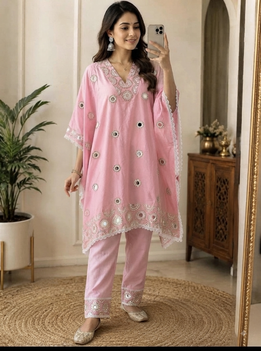 Luxury Mirror-Work Pink Kaftan Set with Straight Pants (Size L)