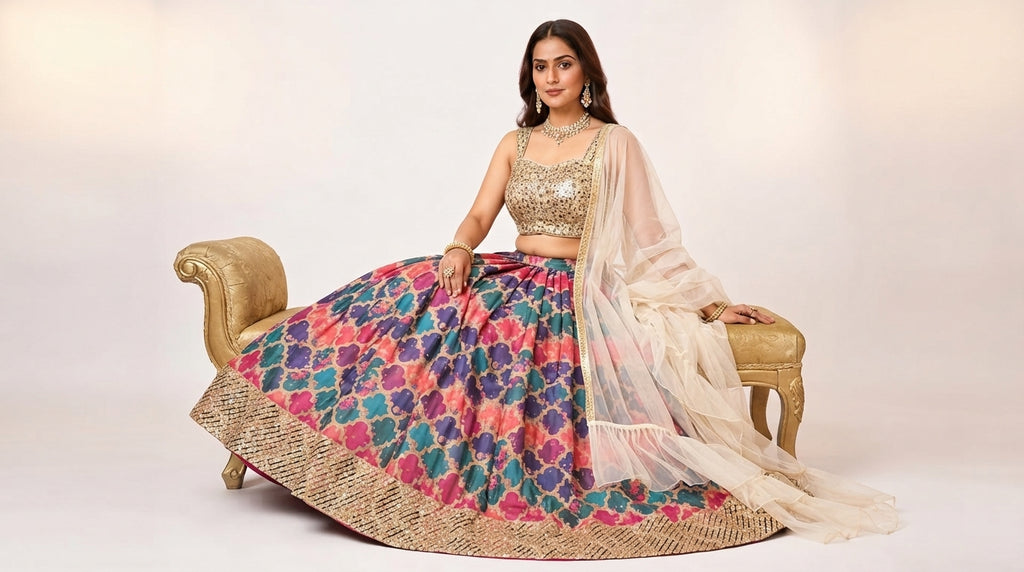 Multi-Colored Printed Lehenga Choli with Sequin Blouse and Ruffled Dupatta (Festive / Party Wear Ethnic Set)